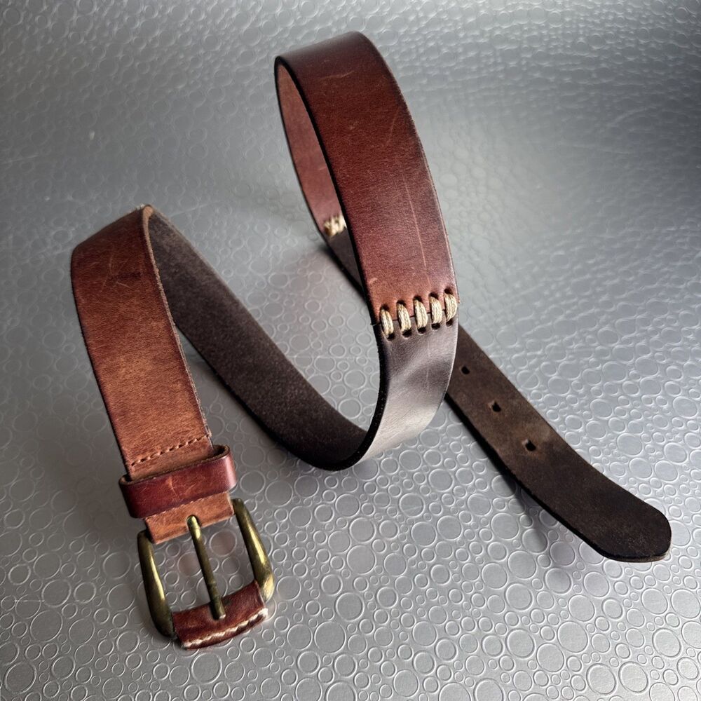VTG County Seat Womens Brown Leather Belt L Western Whipstitch Brass Buckle